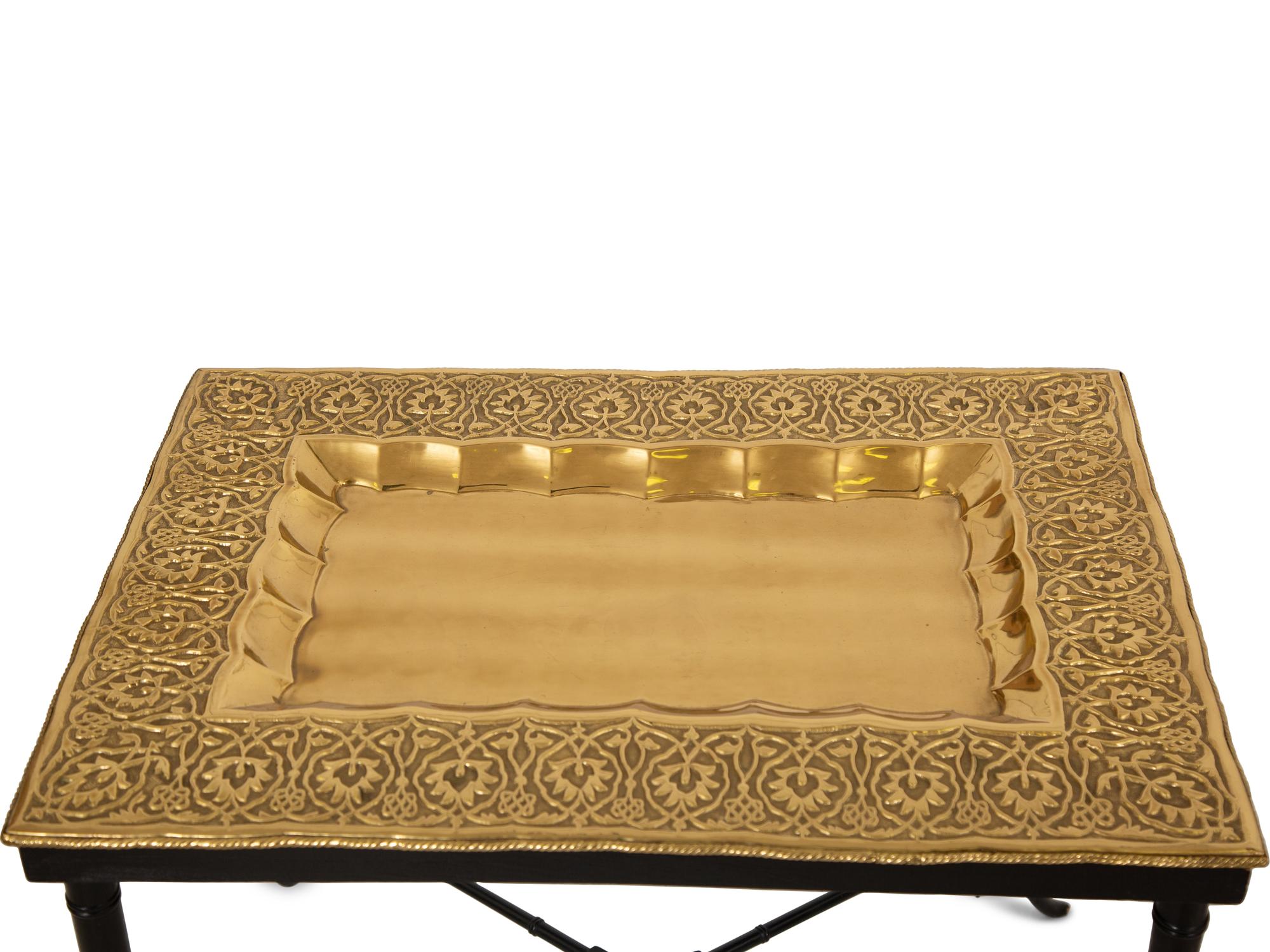 Two Chased Brass Tray-Top Occasional Tables with Ebonized and Gilt Stands — 20th Century