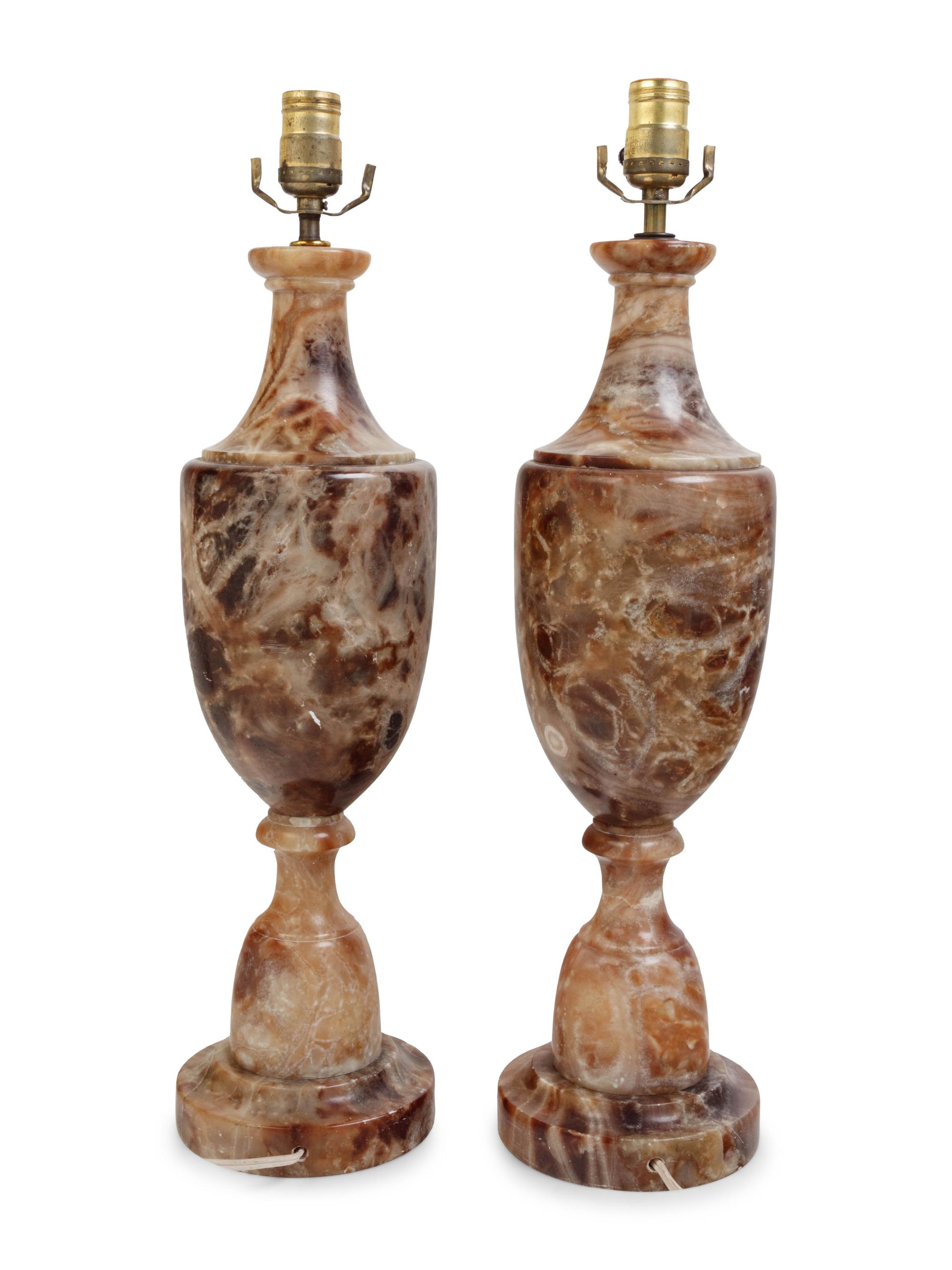 A Pair of Italian Alabaster Urns Mounted as Lamps