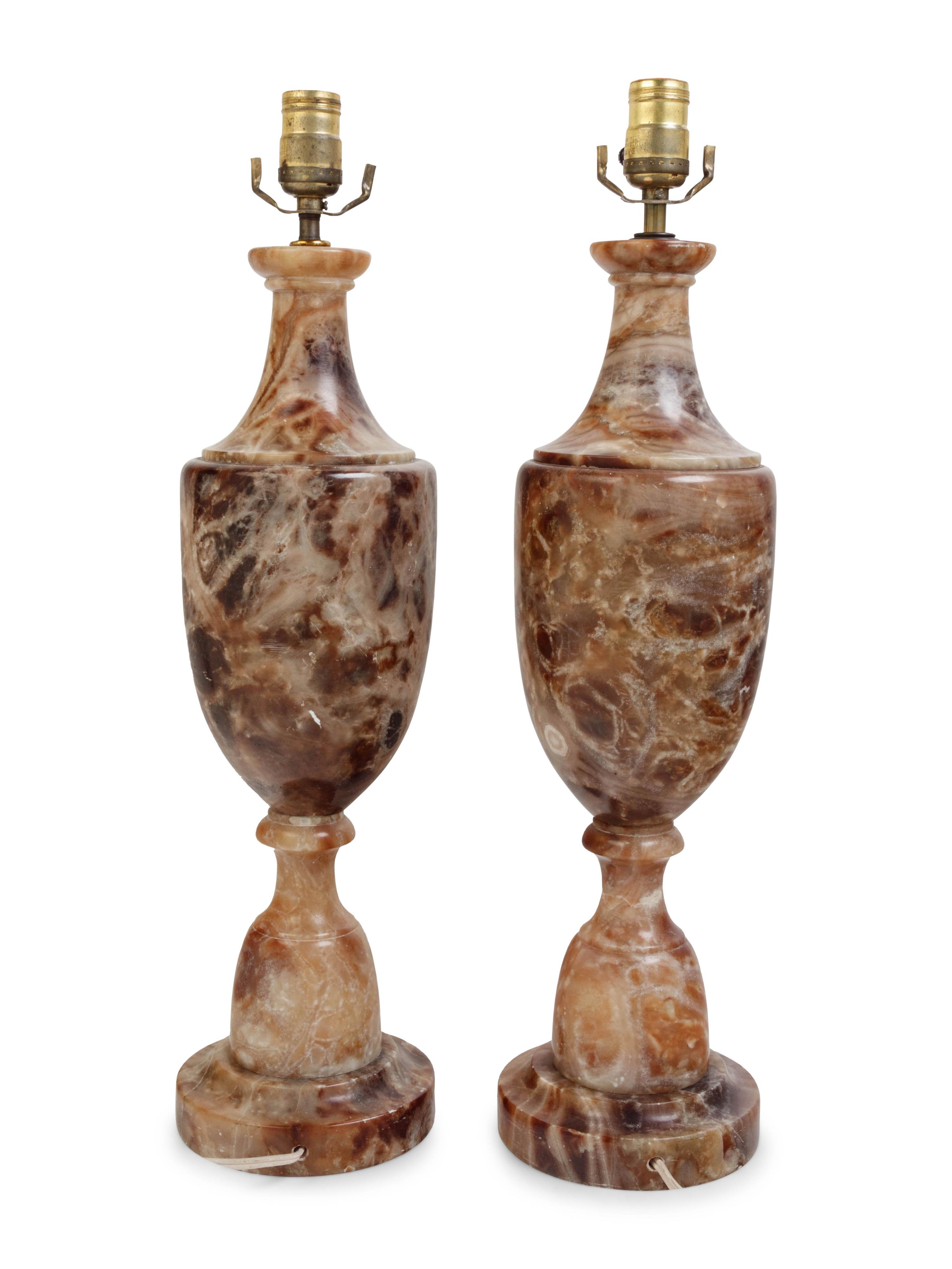 A Pair of Italian Alabaster Urns Mounted as Lamps