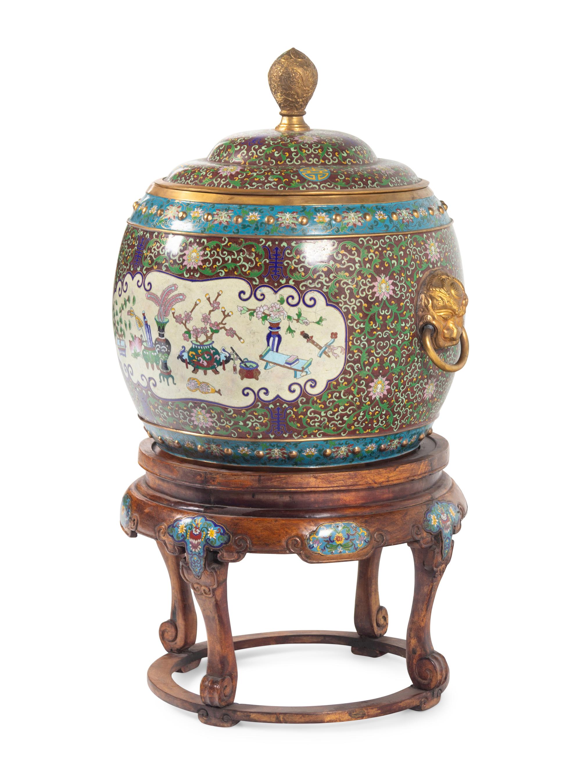 A Large Chinese Cloisonné Enamel Covered Jar and A Hardwood Stand