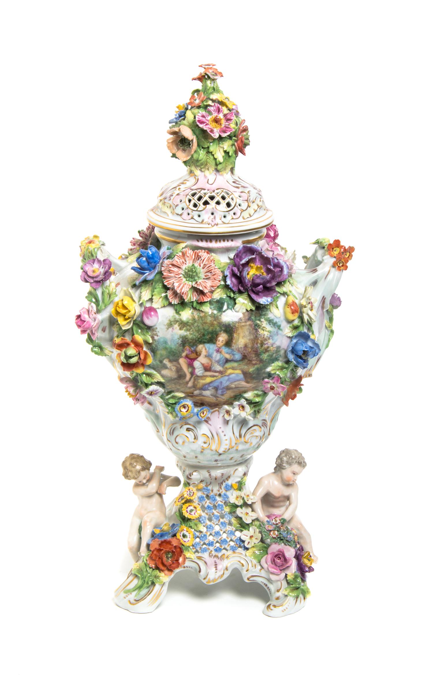 A Dresden Porcelain Figural Urn, Height 18 inches.