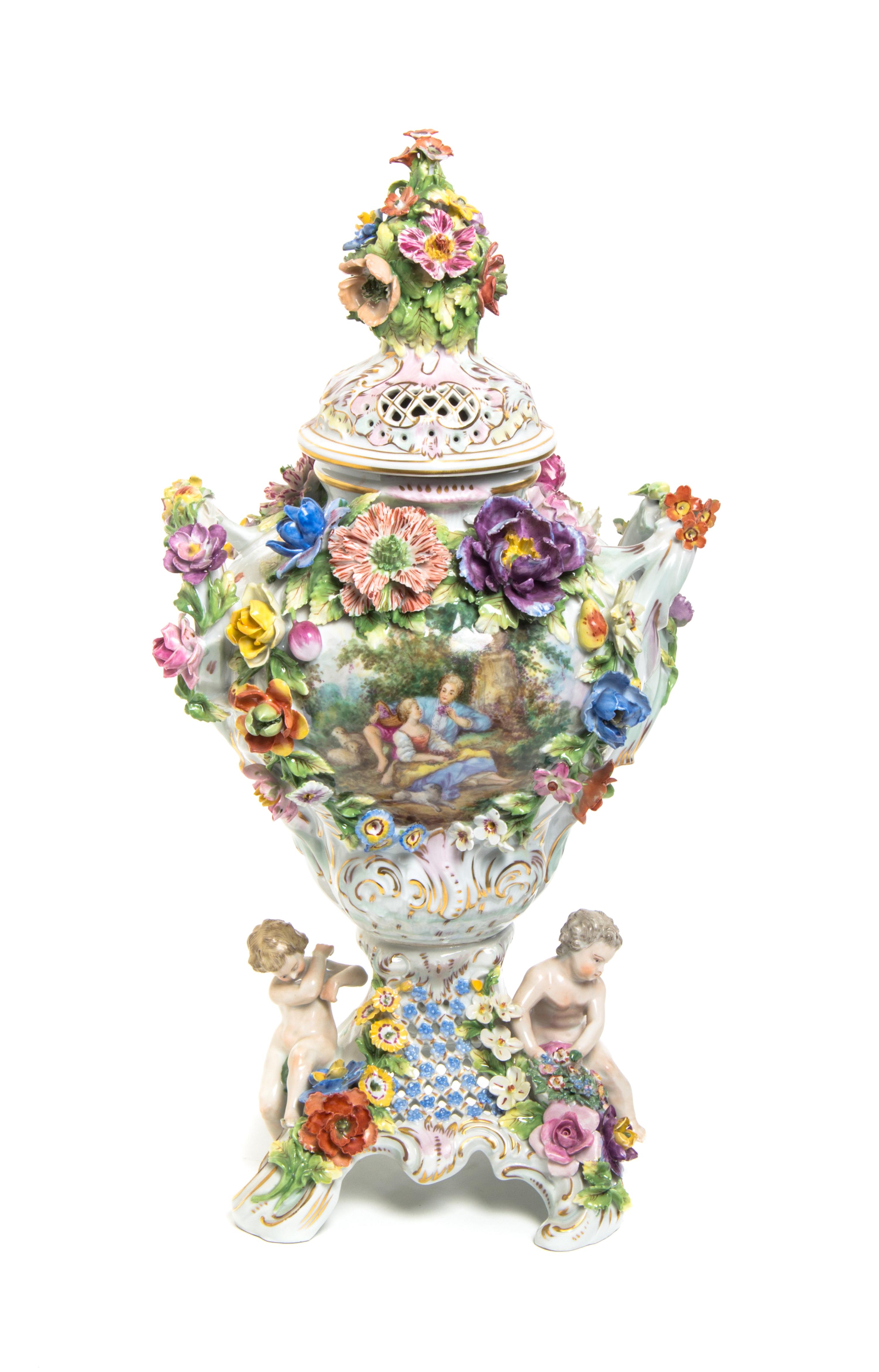 A Dresden Porcelain Figural Urn, Height 18 inches.