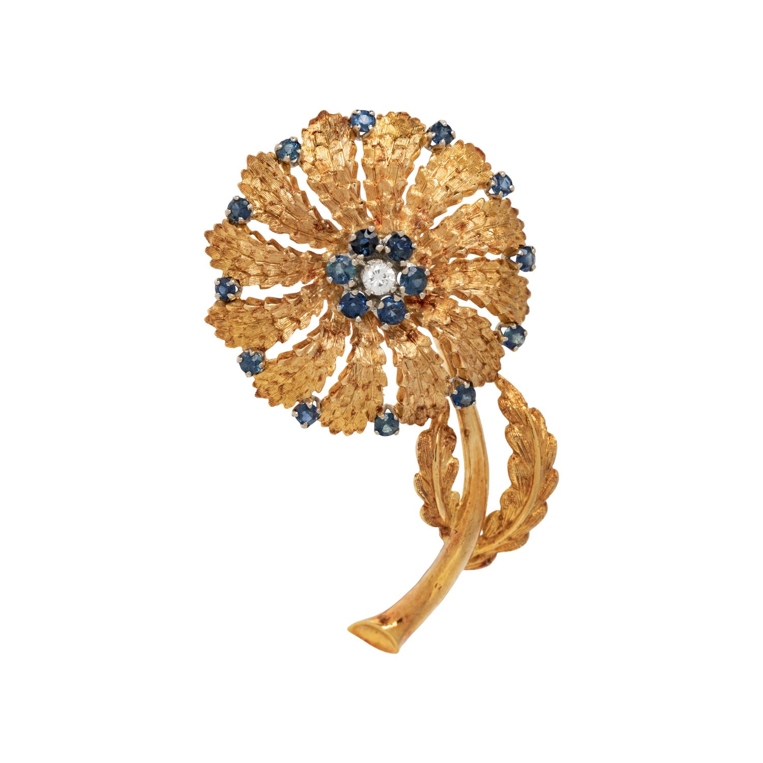 YELLOW GOLD, SAPPHIRE, AND DIAMOND FLOWER BROOCH