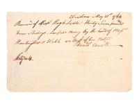 ARNOLD, Benedict (1741-1801). Receipt signed ("Benedt. Arnold"), and issued to a future member of the Connecticut Sons of Liberty. Windham [CT], 21 May [1]764.
