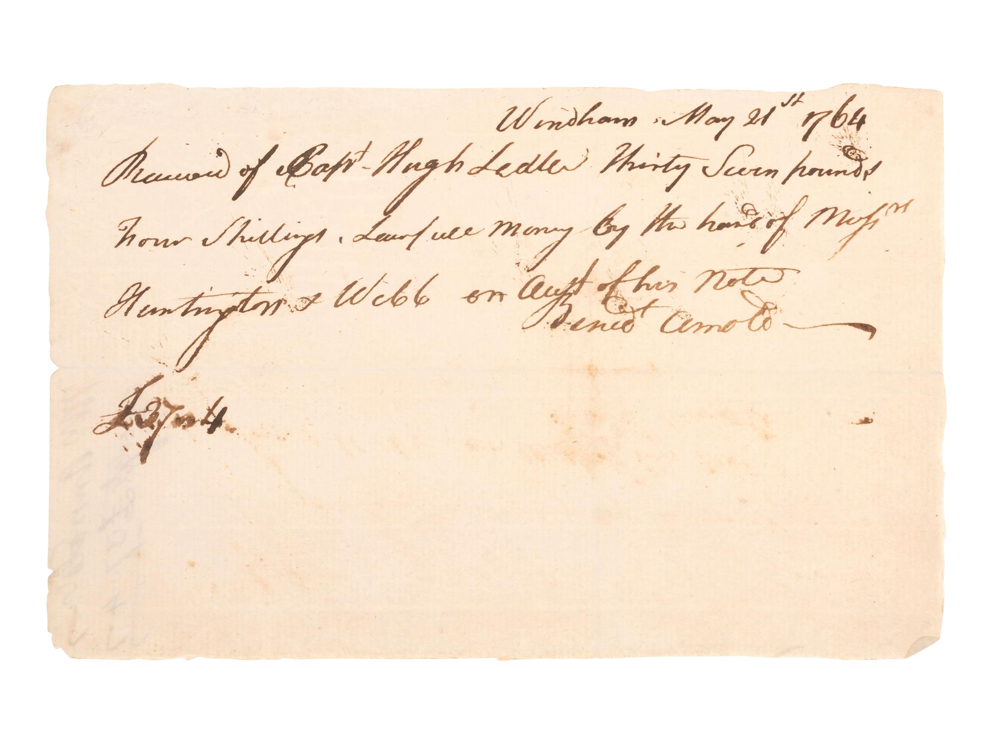 ARNOLD, Benedict (1741-1801). Receipt signed ("Benedt. Arnold"), and issued to a future member of the Connecticut Sons of Liberty. Windham [CT], 21 May [1]764.