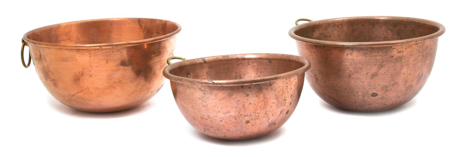 Three Copper and Brass Mixing Bowls Diameter of largest 10 1/2 inches — 19TH CENTURY