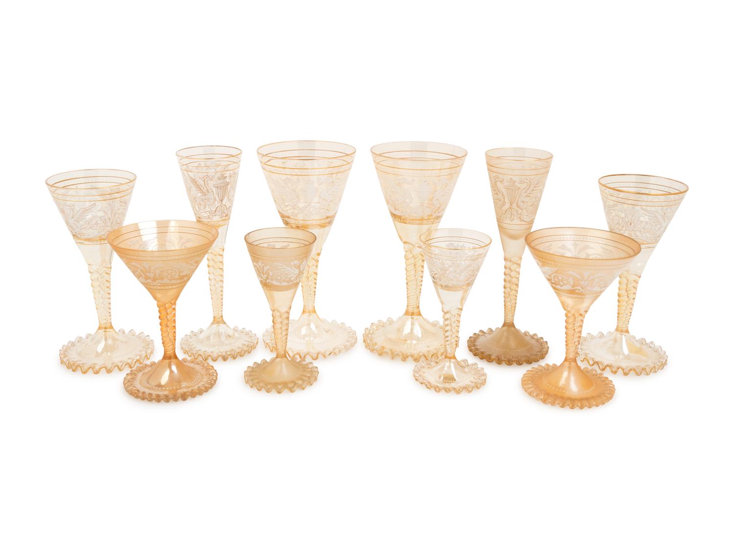 A Murano Colored Glass and Enamel Decorated Stemware Service