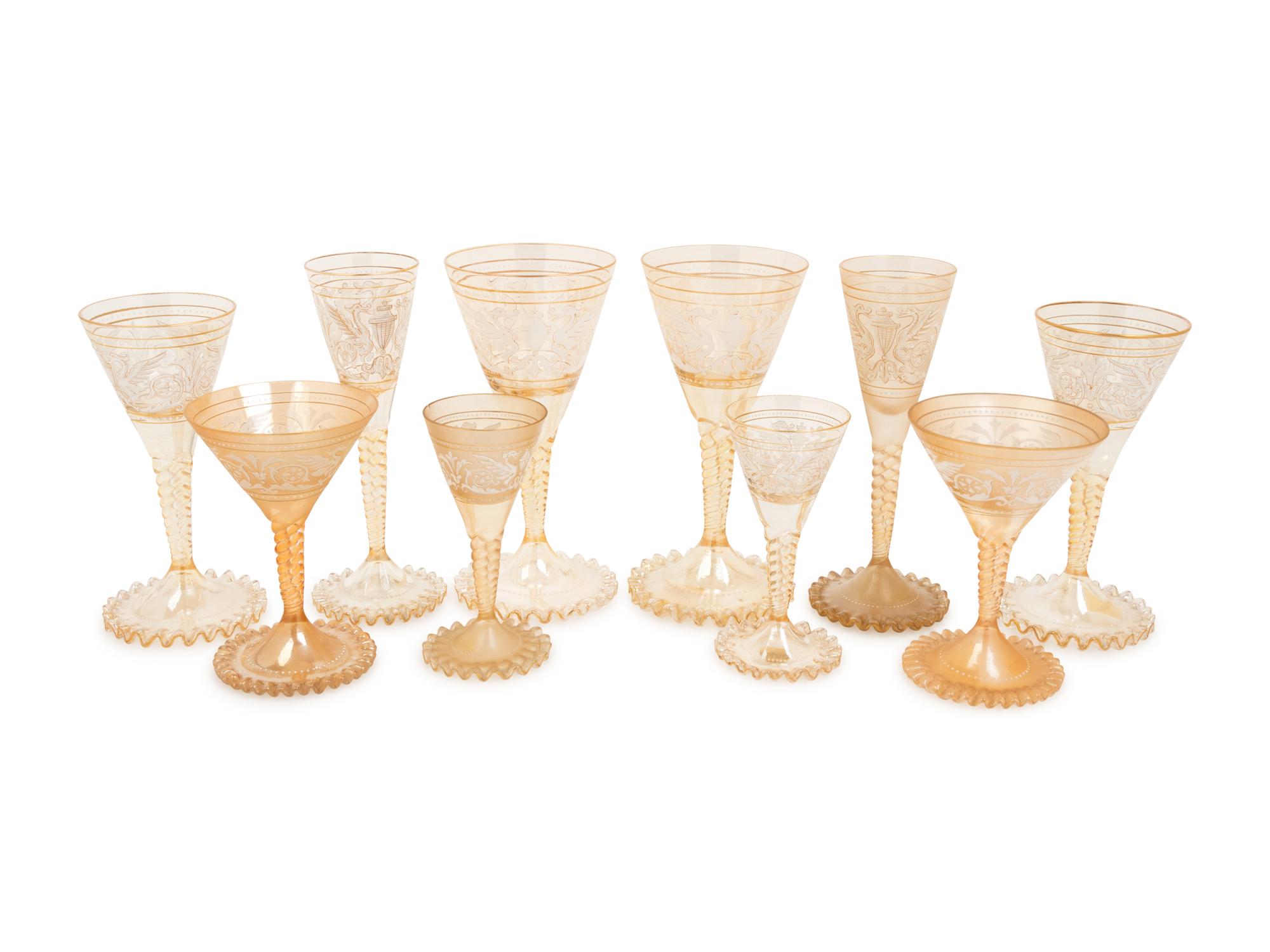 A Murano Colored Glass and Enamel Decorated Stemware Service