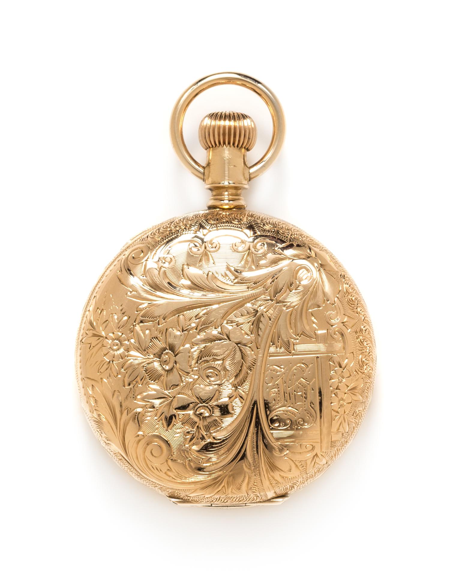 A 14 Karat Yellow Gold Hunter Case Pocket Watch, Waltham, Circa 1892, 33.80 dwts.
