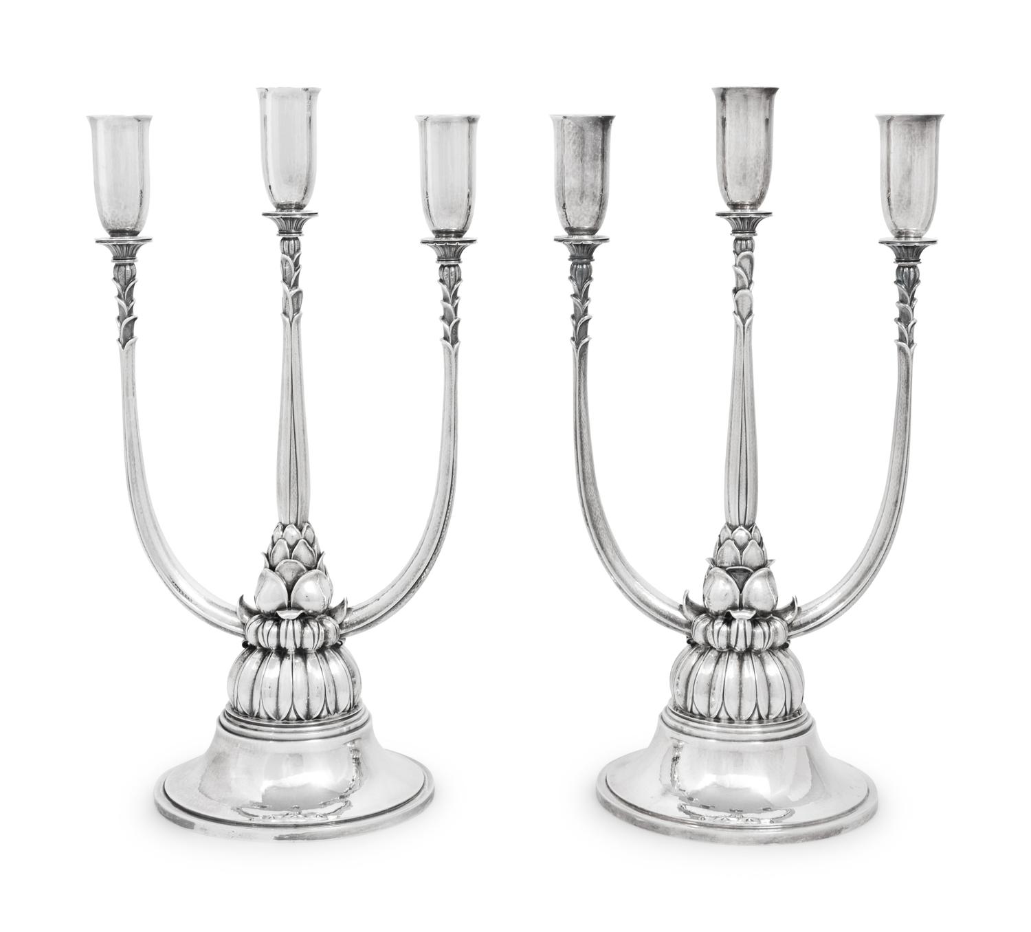 A Pair of Harald Nielsen for Georg Jensen Silver Three-Light Candelabra
