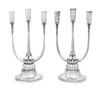 A Pair of Harald Nielsen for Georg Jensen Silver Three-Light Candelabra
