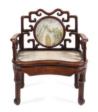A Chinese Export Dream Stone and Marble Inset Hardwood Armchair Width 37 1/2 inches. — LATE 19TH/20TH CENTURY