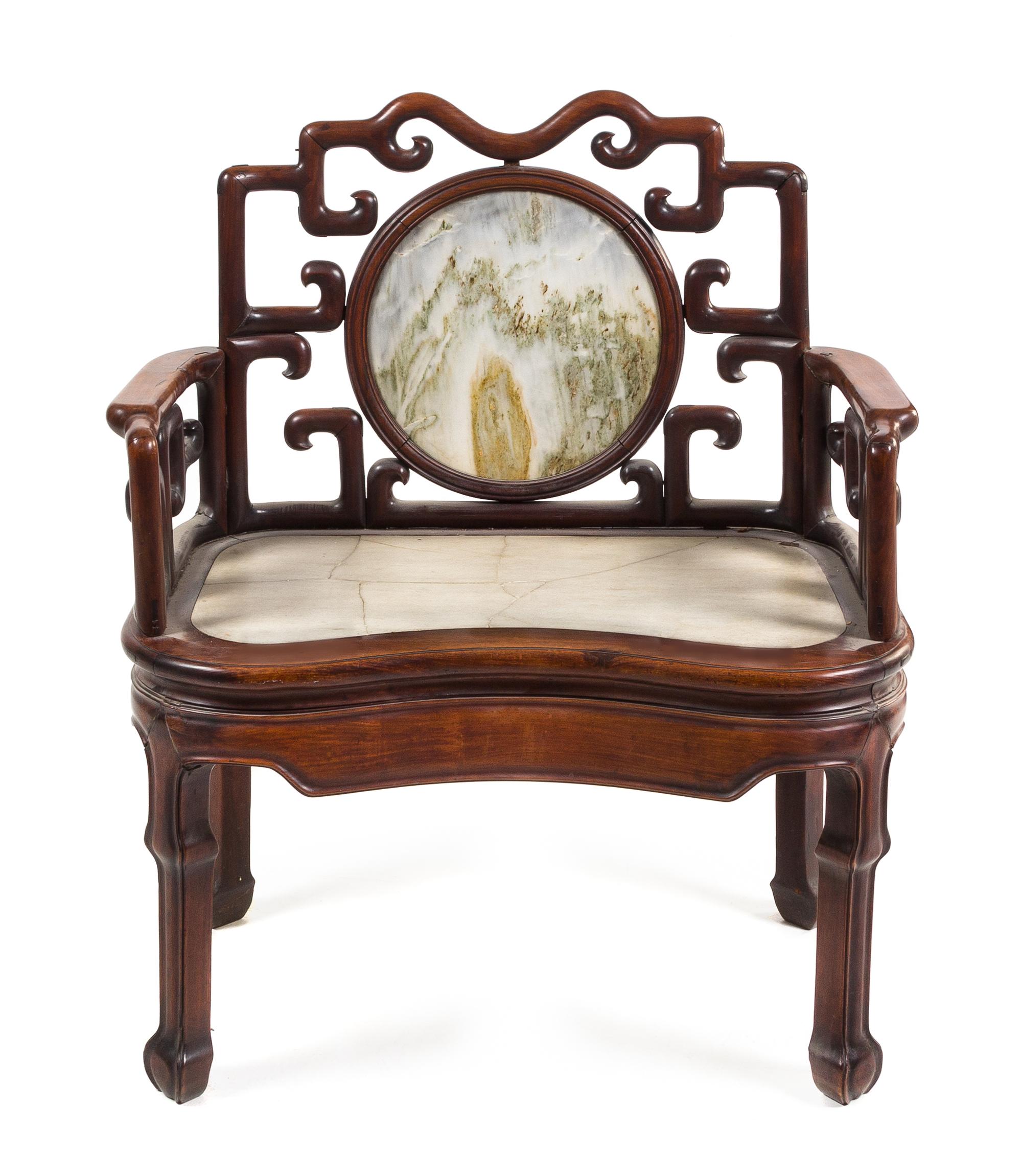 A Chinese Export Dream Stone and Marble Inset Hardwood Armchair Width 37 1/2 inches. — LATE 19TH/20TH CENTURY