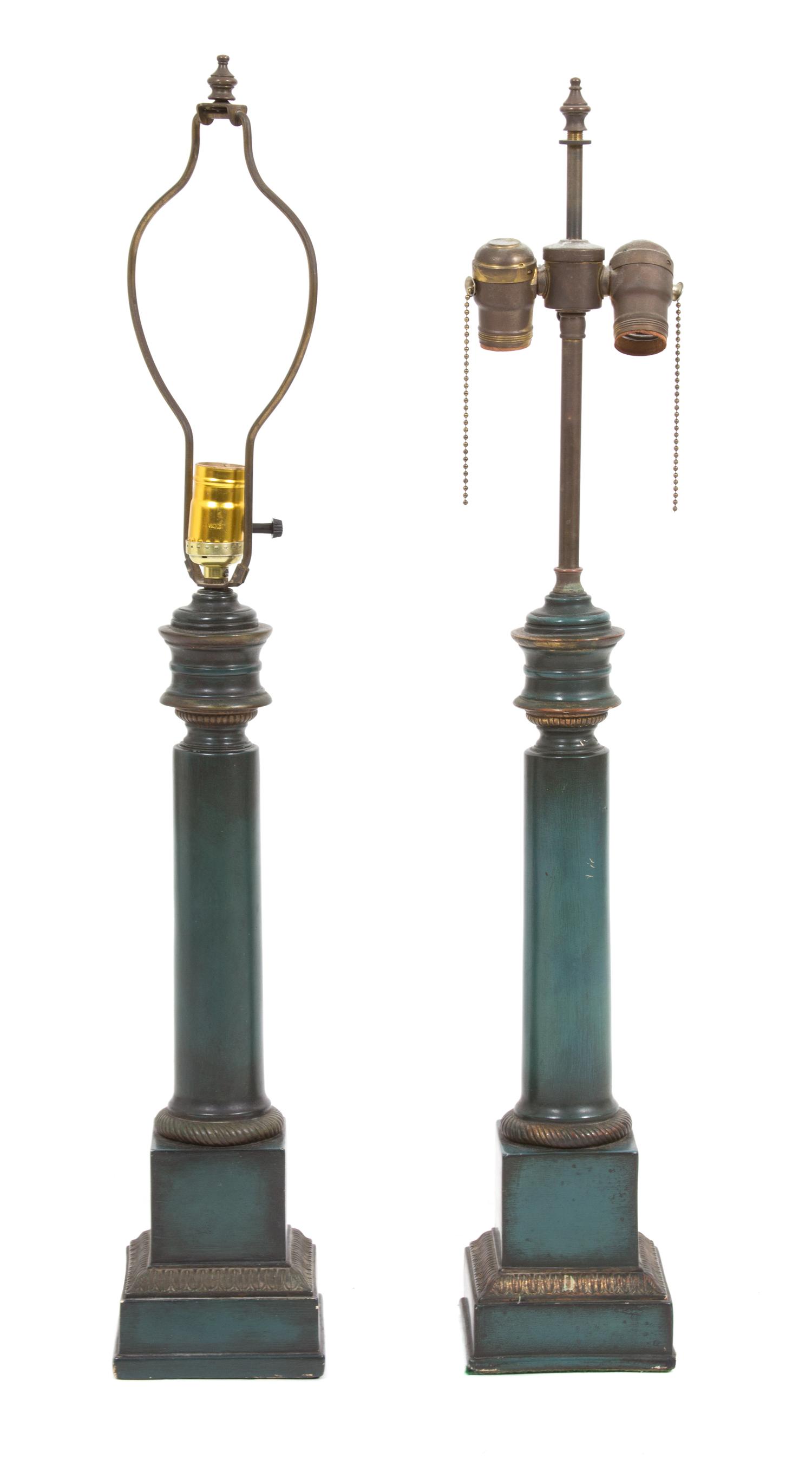 A Pair of Green Painted Columnar Lamps with Brass Trim Height 30 inches to finial.