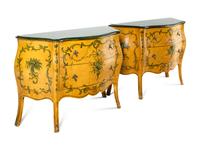 A Pair of Louis XV Style Polychrome Painted Bombé Commodes