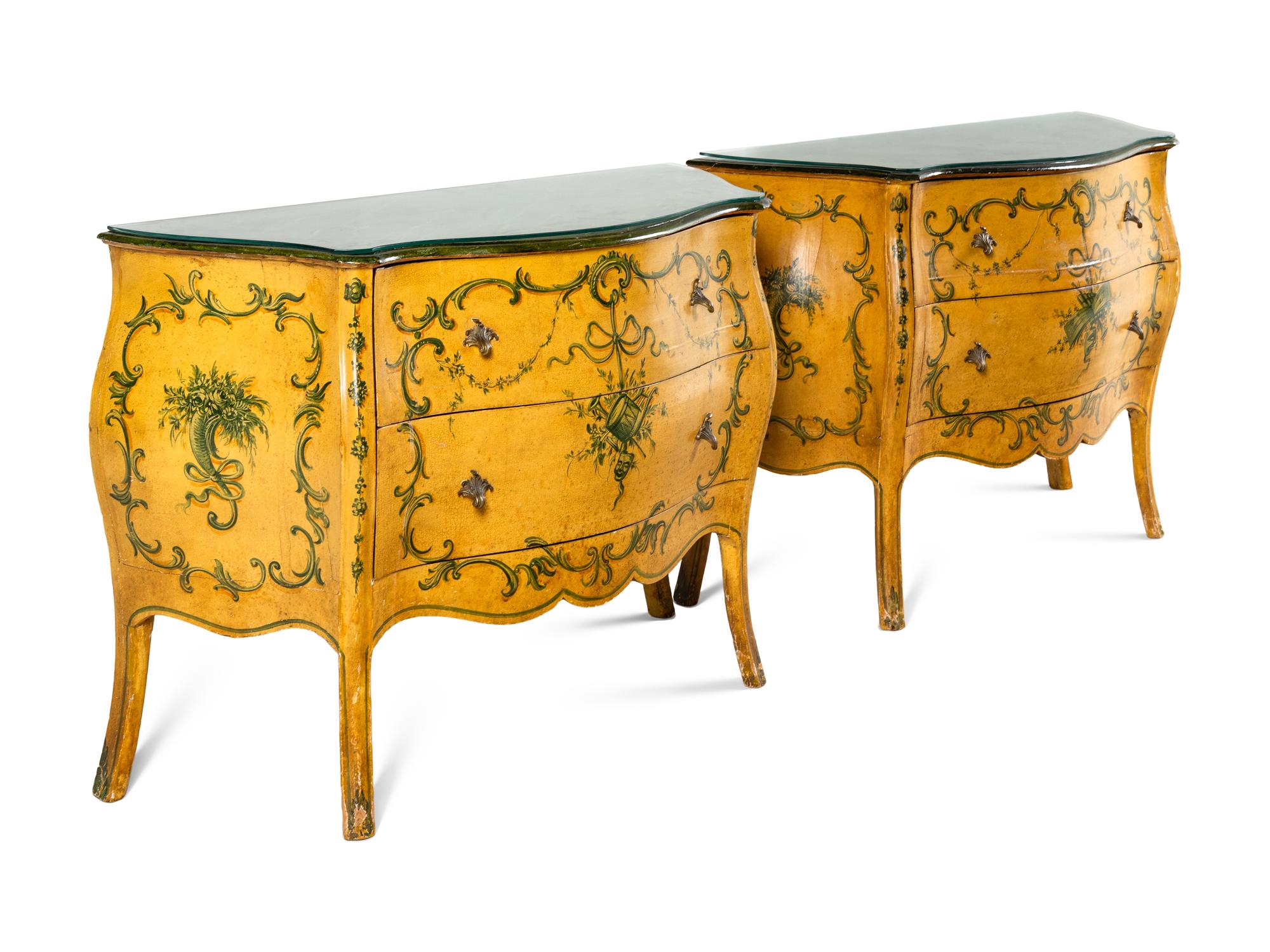 A Pair of Louis XV Style Polychrome Painted Bombé Commodes