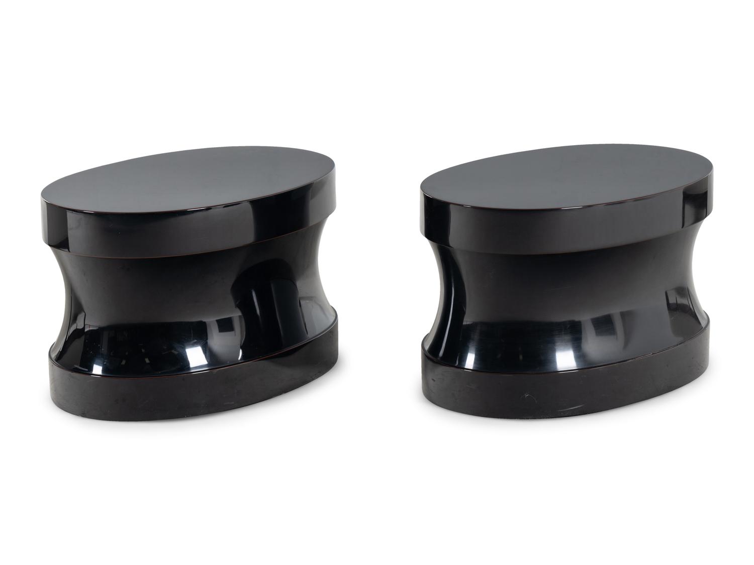 Four Donghia Black-Painted Slipper Chairs and a Pair of Associated Low Tables