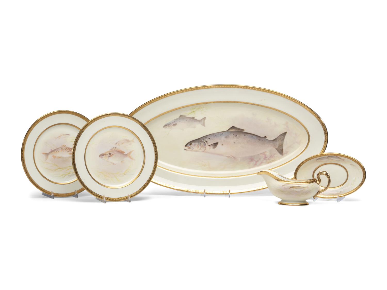 A Royal Doulton Parcel Gilt Porcelain Fish Service