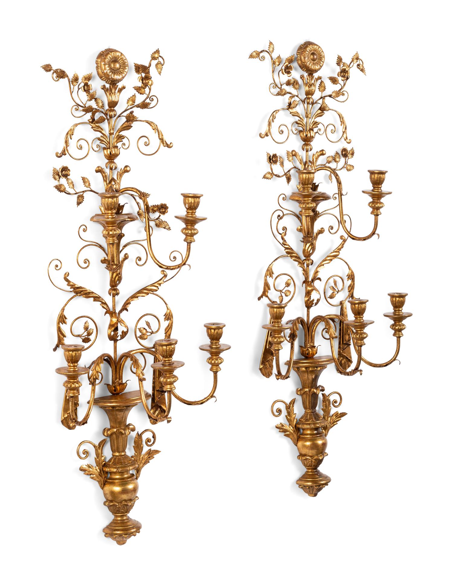 A Pair of Rococo Style Five Light Giltwood and Gilt Metal Wall Sconces