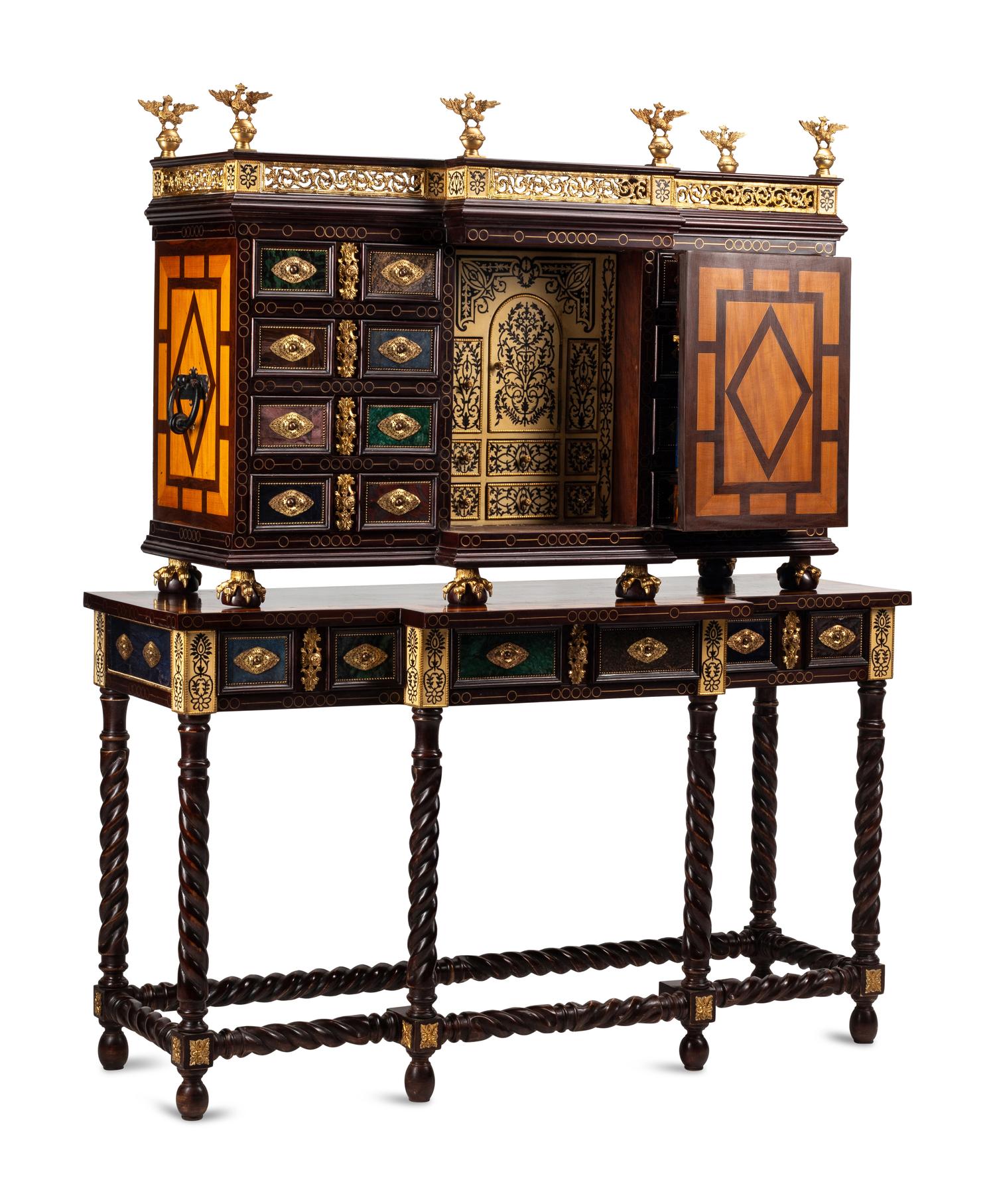 A Flemish Baroque Style Gilt Bronze Mounted Marquetry and Specimen Semi-Precious Stone Collector’s Cabinet on Stand