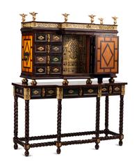 A Flemish Baroque Style Gilt Bronze Mounted Marquetry and Specimen Semi-Precious Stone Collector’s Cabinet on Stand