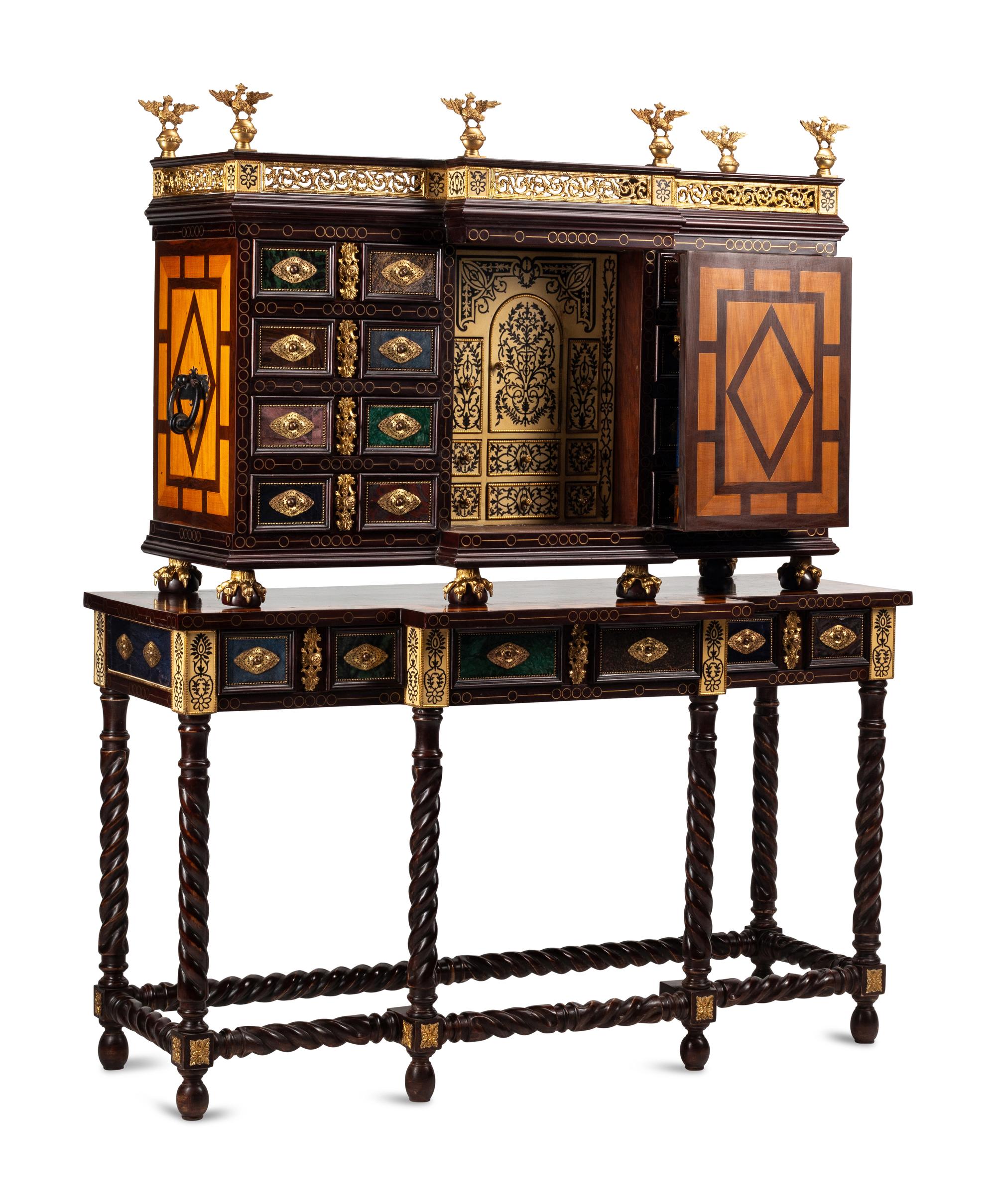 A Flemish Baroque Style Gilt Bronze Mounted Marquetry and Specimen Semi-Precious Stone Collector’s Cabinet on Stand