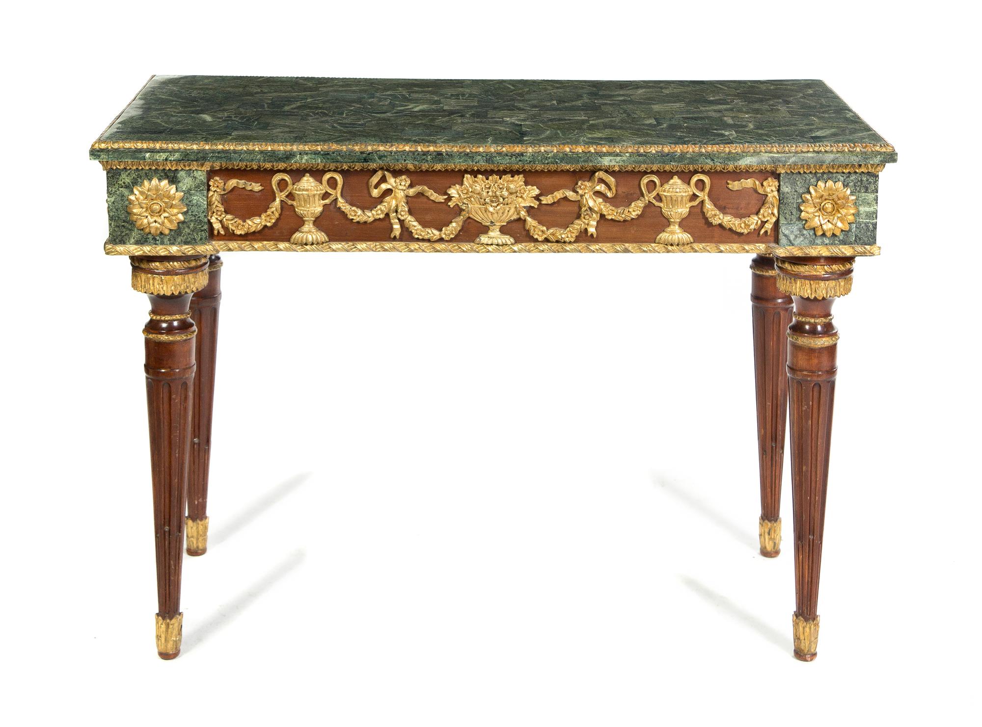 A Neoclassical Style Mahogany and Gilt Metal Mounted Console Table, Height 33 x width 47 x depth 22 inches.