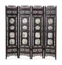 A Chinese Porcelain-Inset Pierce Carved Hardwood Floor Screen