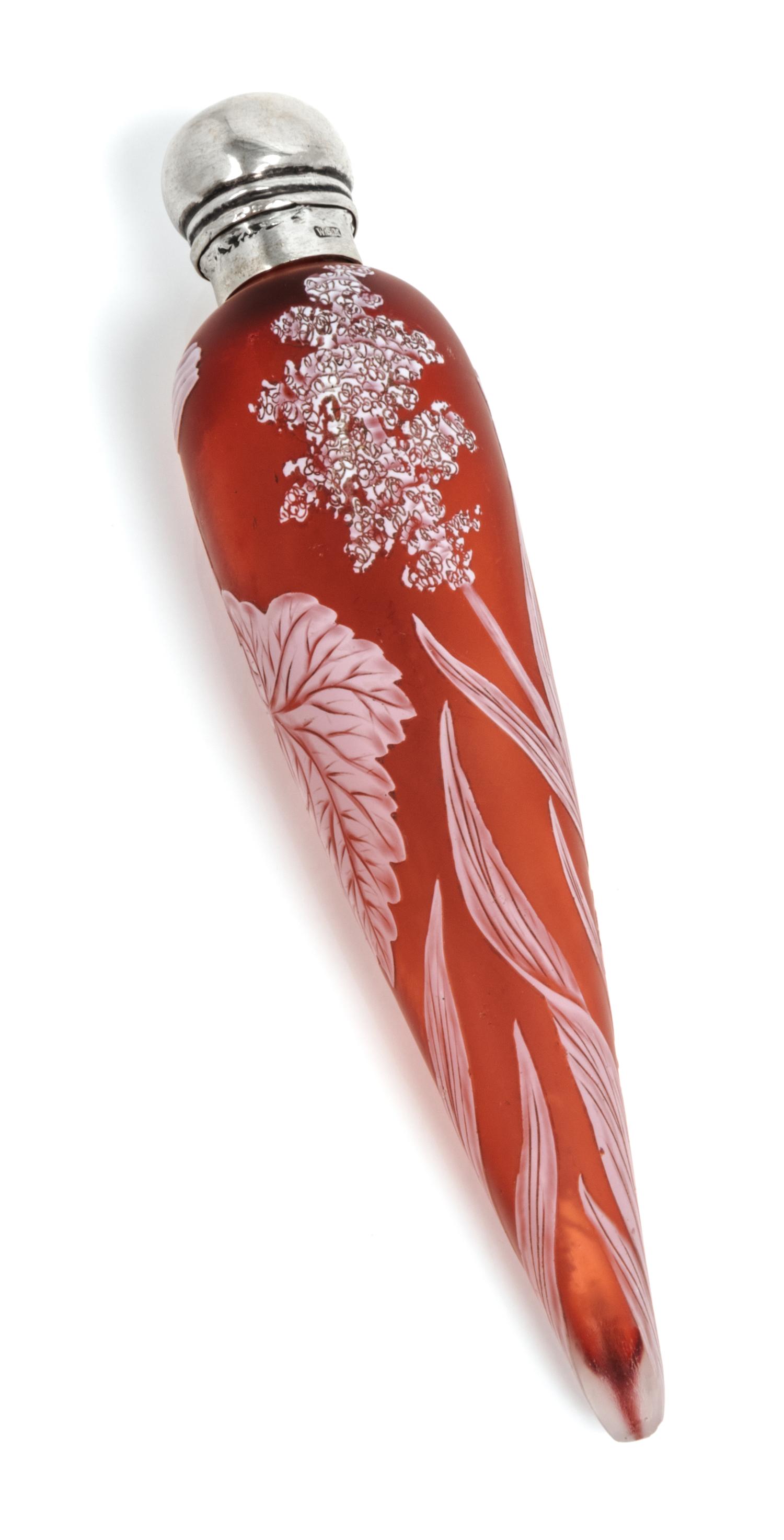 English, 1885, a silver mounted cameo glass perfume bottle, of tapering form with floral decoration