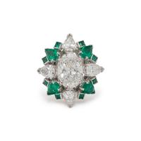 DIAMOND, EMERALD AND PLATINUM RING PENDANT