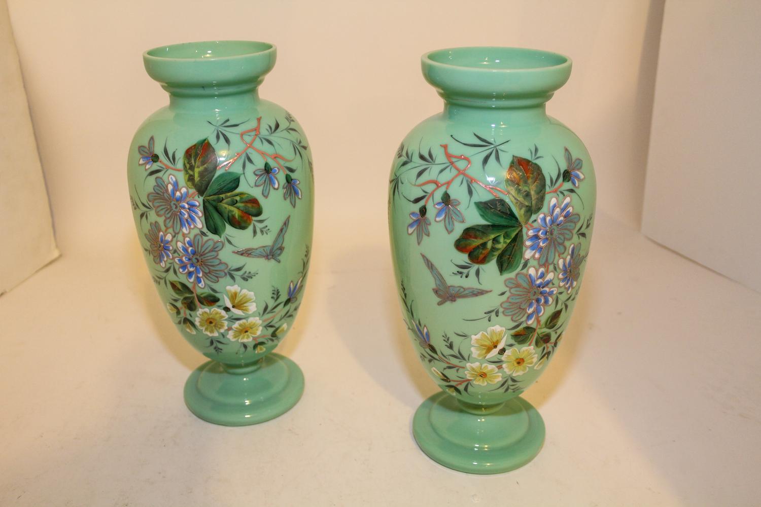 A Pair of Enameled Opalescent Glass Vases Height 12 1/2 inches. — 19TH/20TH CENTURY