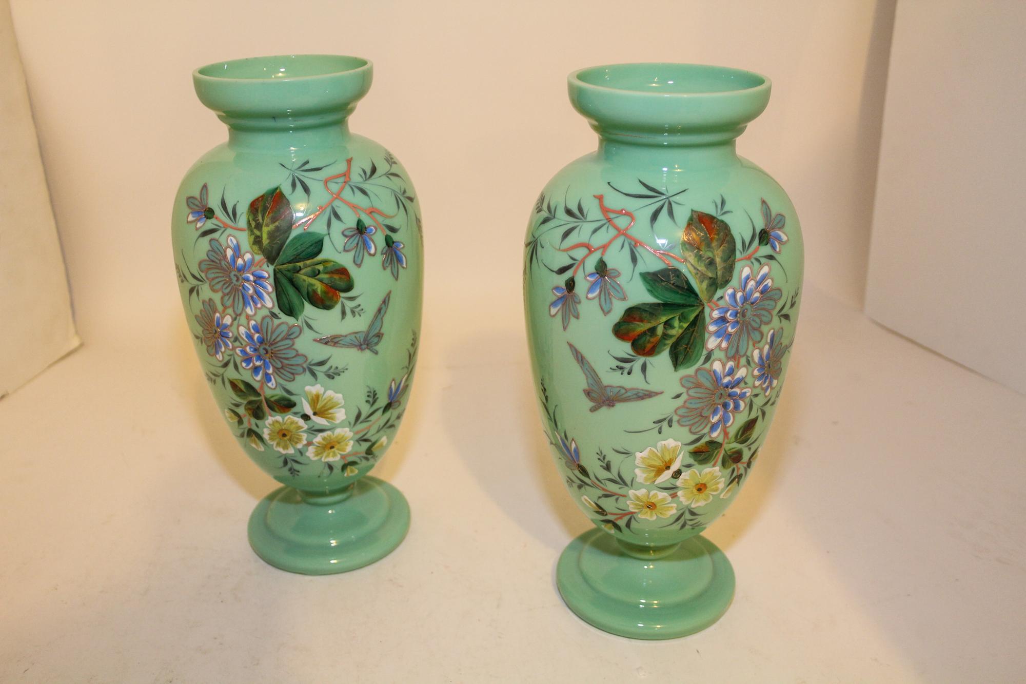 A Pair of Enameled Opalescent Glass Vases Height 12 1/2 inches. — 19TH/20TH CENTURY