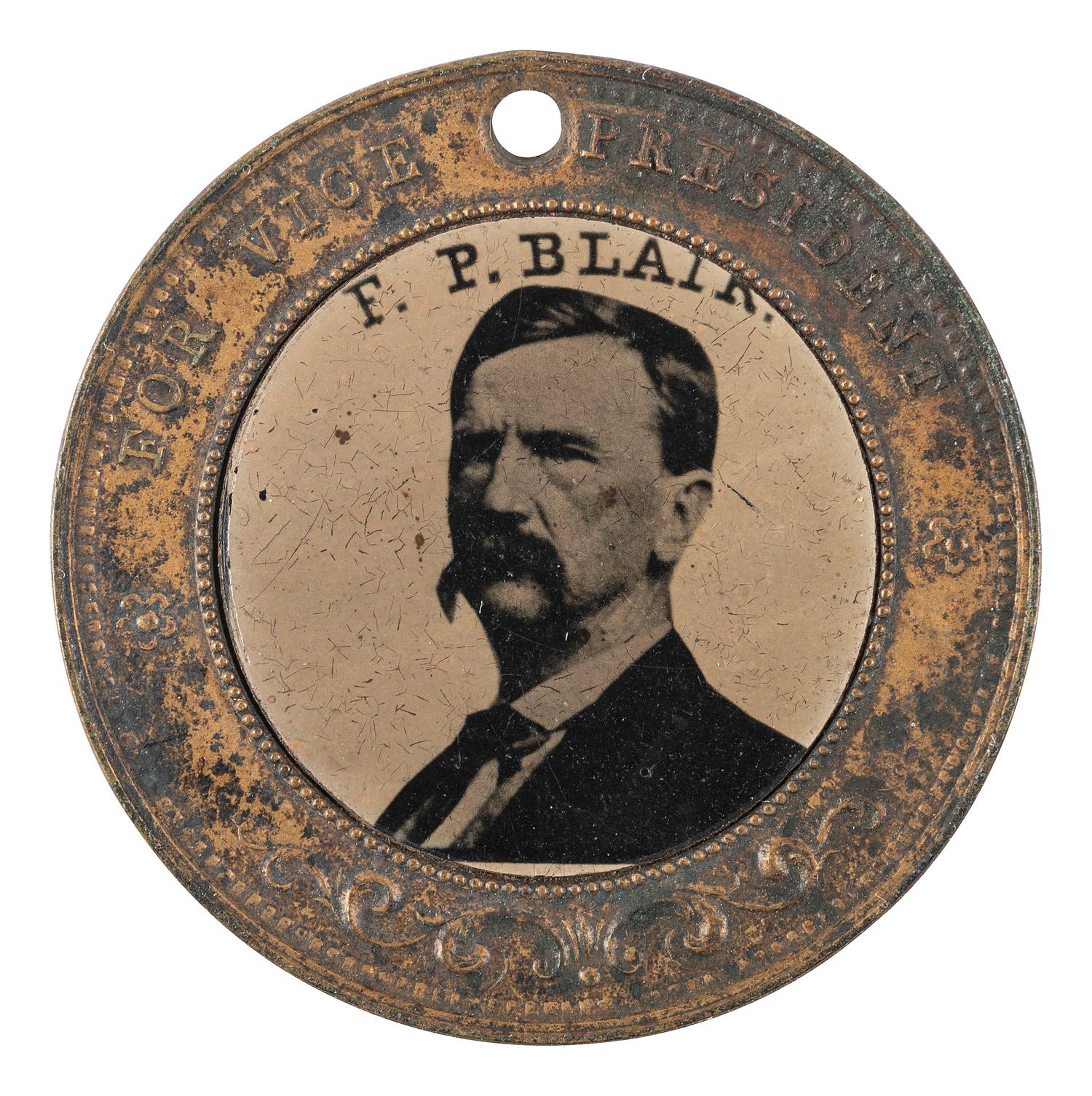 [POLITICS]. Horatio Seymour and Francis P. Blair back-to-back campaign ferrotype badge. 1868.