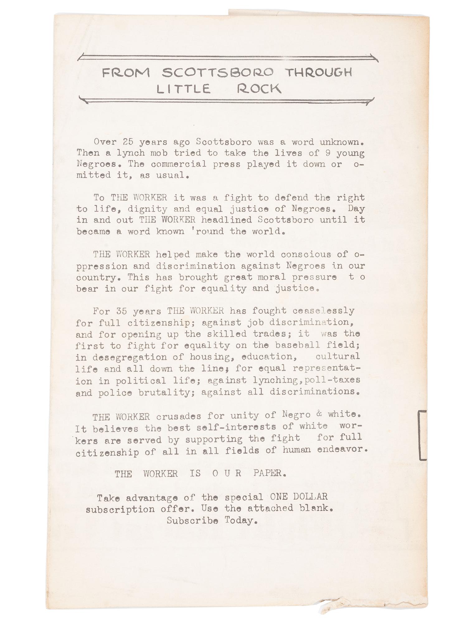 [CIVIL RIGHTS]. Why You Should Read The Worker. [Chicago]: [ The Worker ], [1958].