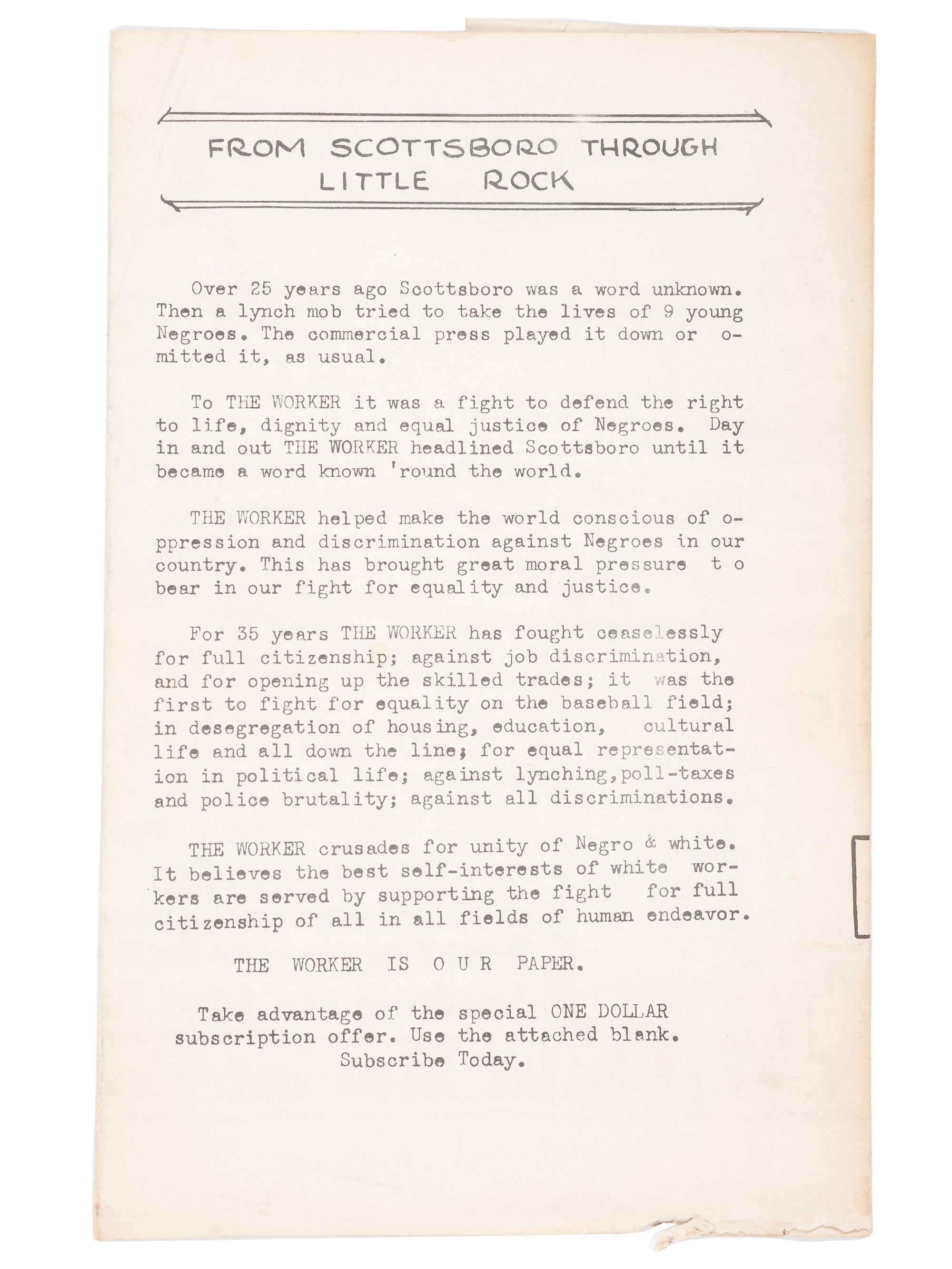 [CIVIL RIGHTS]. Why You Should Read The Worker. [Chicago]: [ The Worker ], [1958].