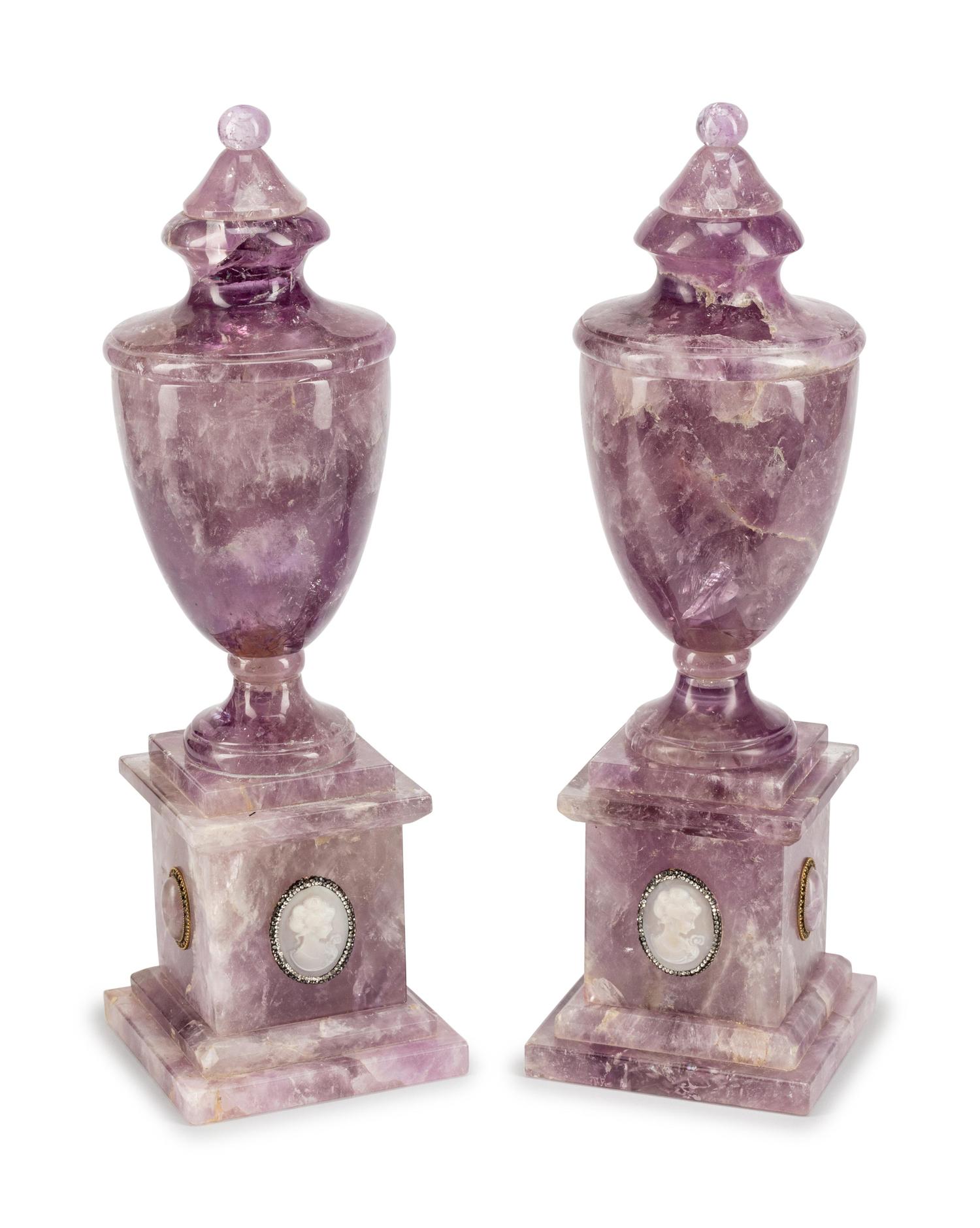A Pair of Carved Amethyst Urns