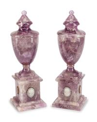 A Pair of Carved Amethyst Urns