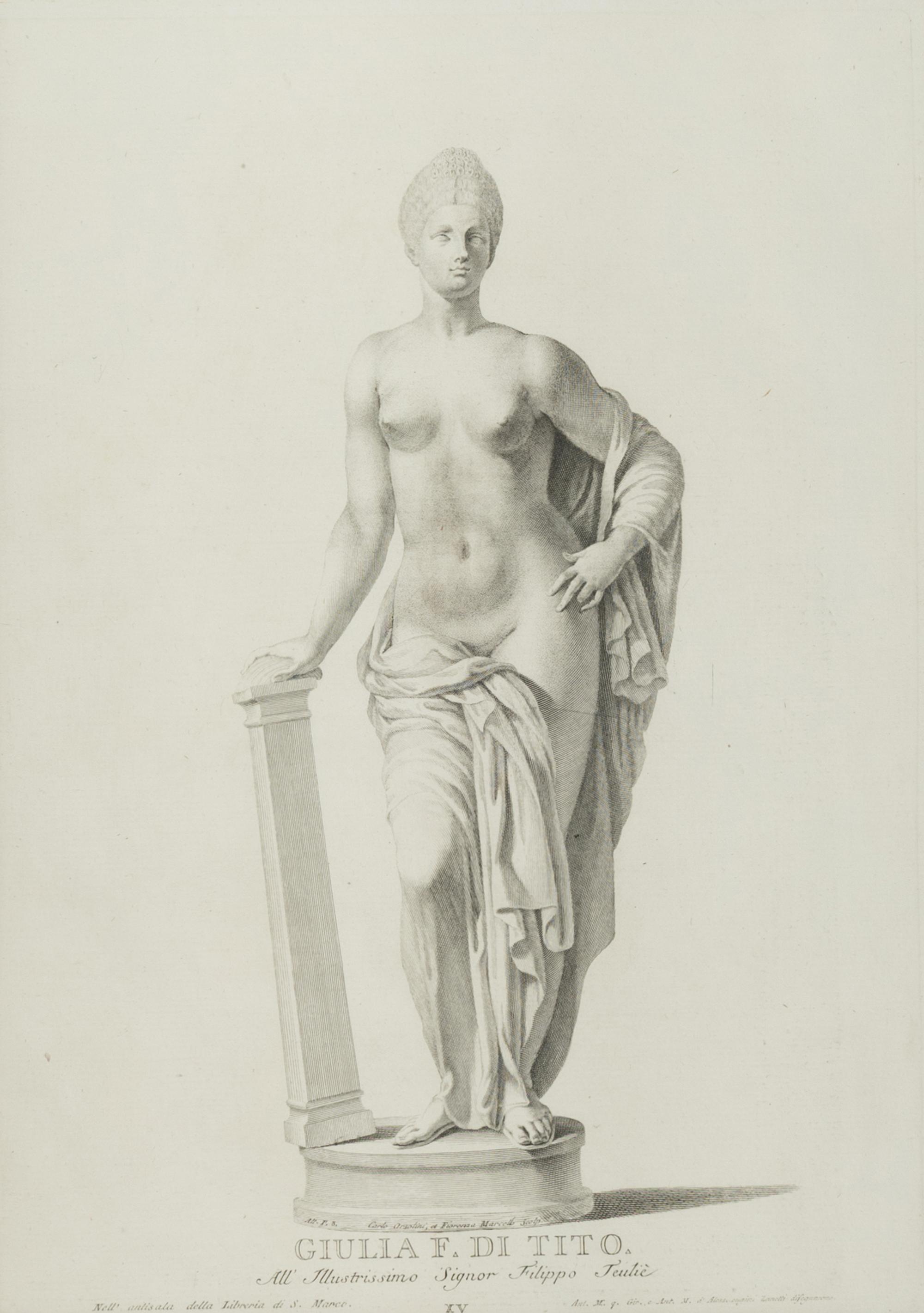 A Set of Four Prints of Antique Statues published by Antonio Maria Zanetti (1706-1778)]. From Delle Antiche Statue Greche e Romane che nell'Antisala della Libreria di San Marco, Venice,1740-1743 sight: 16 x 11 1/4 inches. framed: 25 3/4 x 21 inches.
