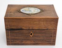 A Continental Tea Caddy Height 4 3/8 x width 6 1/2 x depth 4 inches.