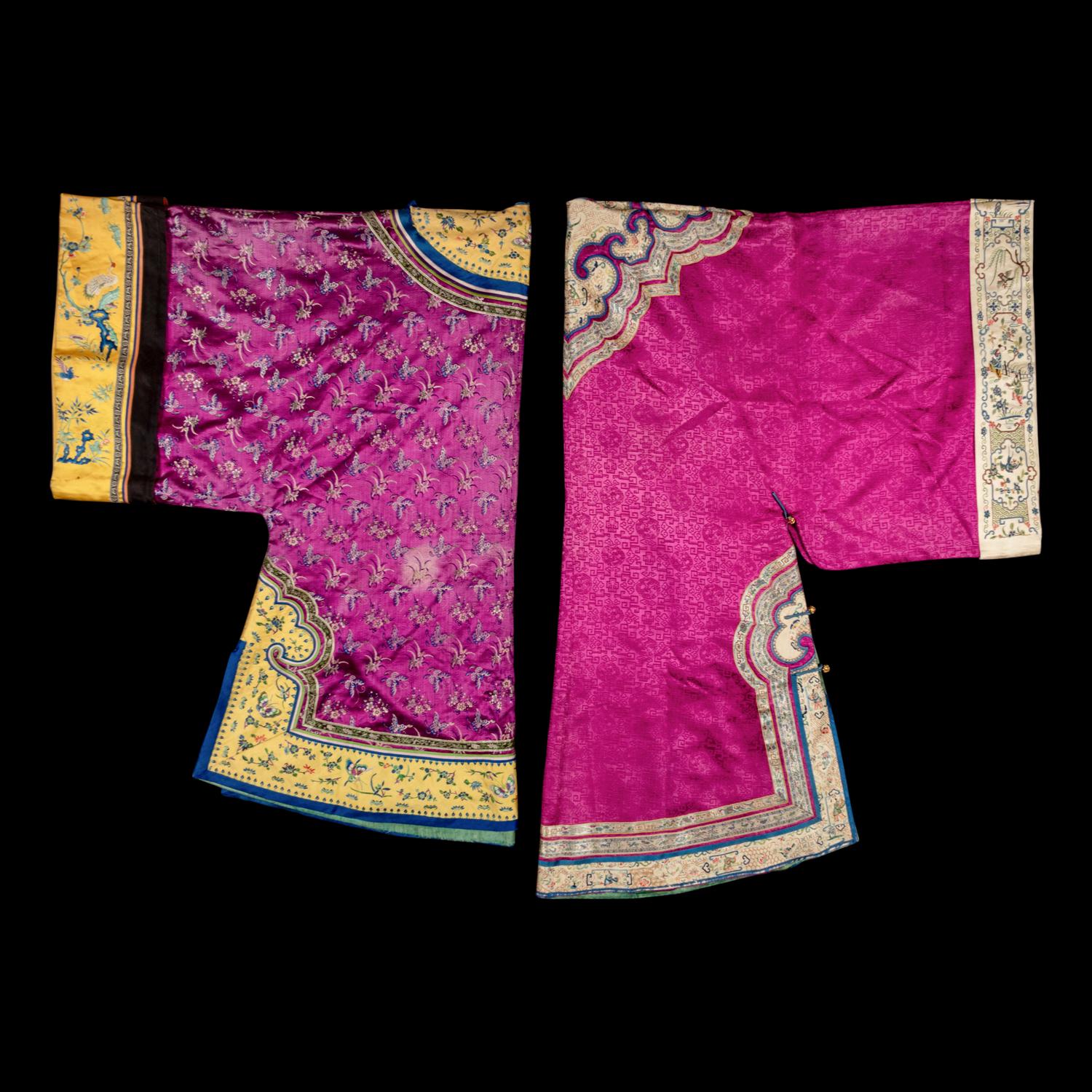 Two Chinese Embroidered Silk Lady's Informal Robes, Late Qing/Republic Period 晚清/民國 綉花女襖兩件