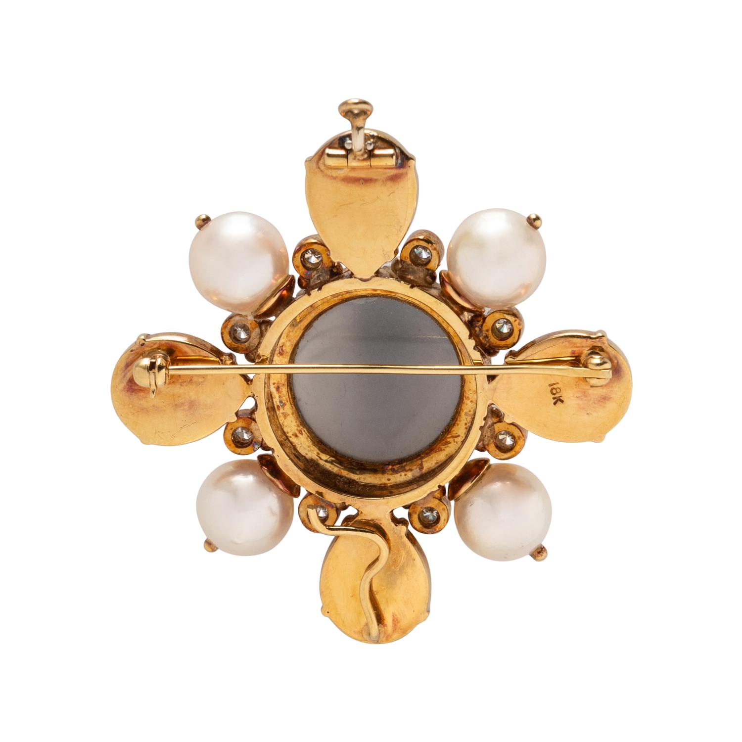 MOONSTONE, CULTURED PEARL, AND DIAMOND BROOCH