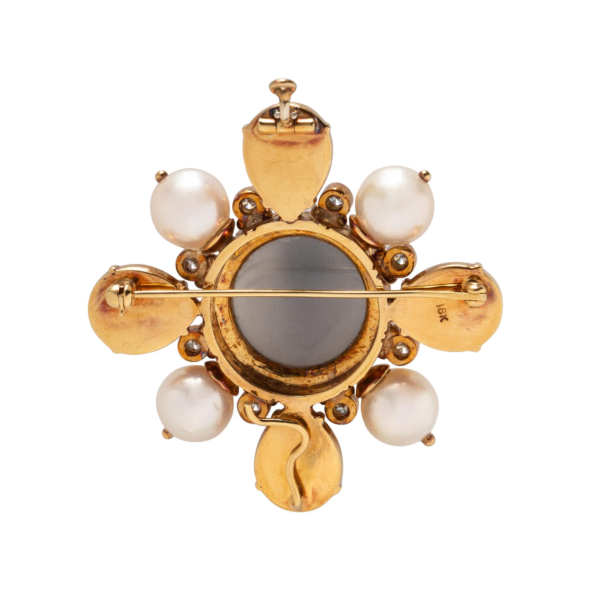 MOONSTONE, CULTURED PEARL, AND DIAMOND BROOCH