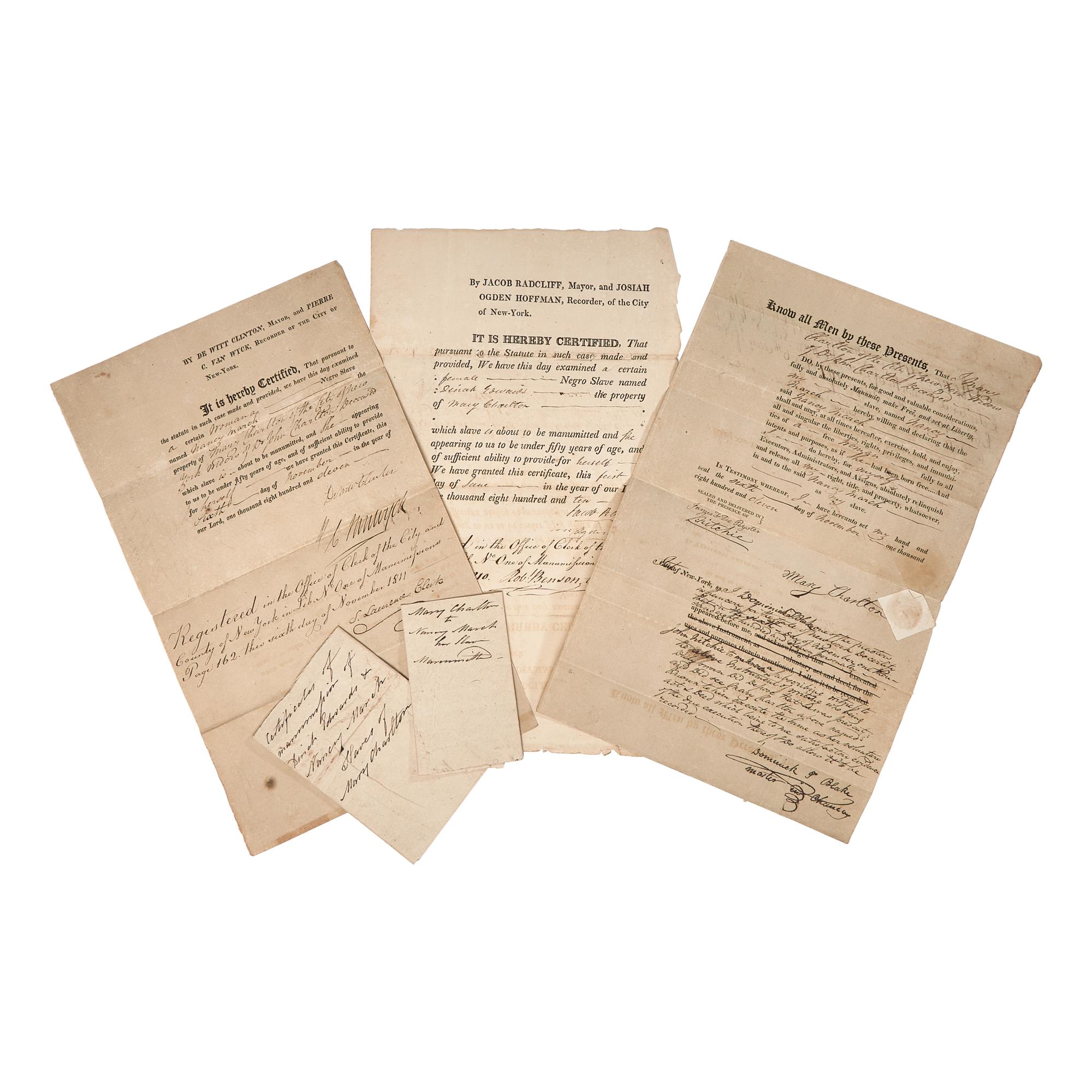 [African-Americana] [Abolition] Clinton, De Witt. Group of 3 Partially-Printed Manumission Documents