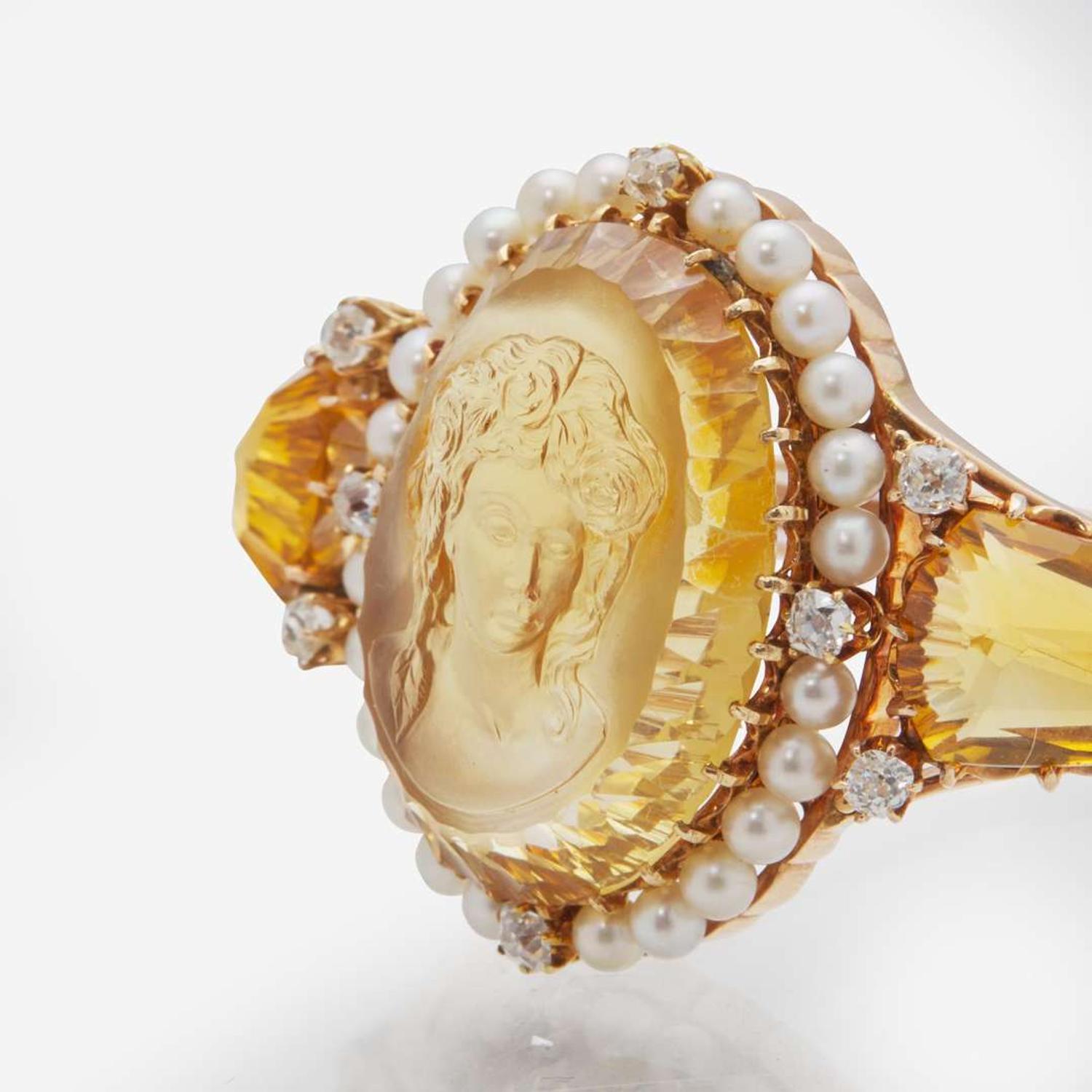 A Yellow Gold, Citrine, Diamond, and Seed Pearl Bracelet