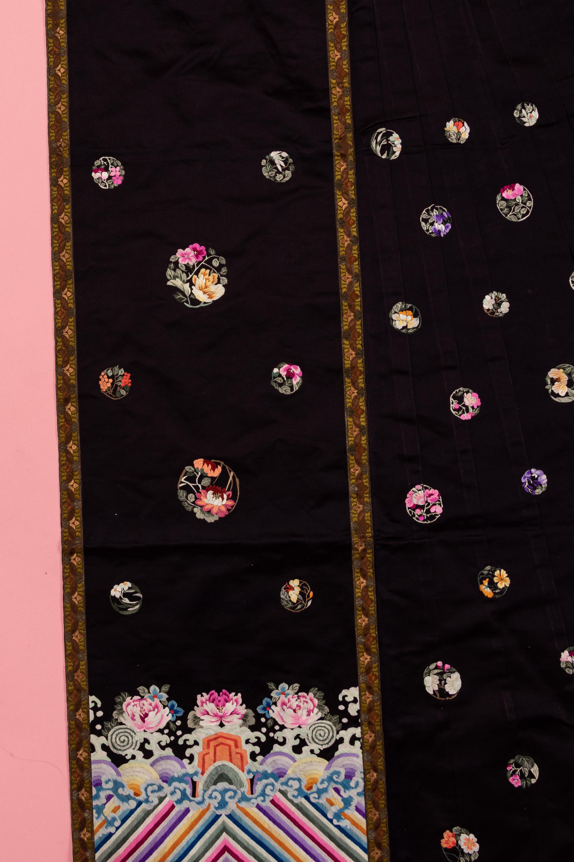 A Set of Aubergine Satin Ground Embroidered Silk Lady's Robe and Skirt