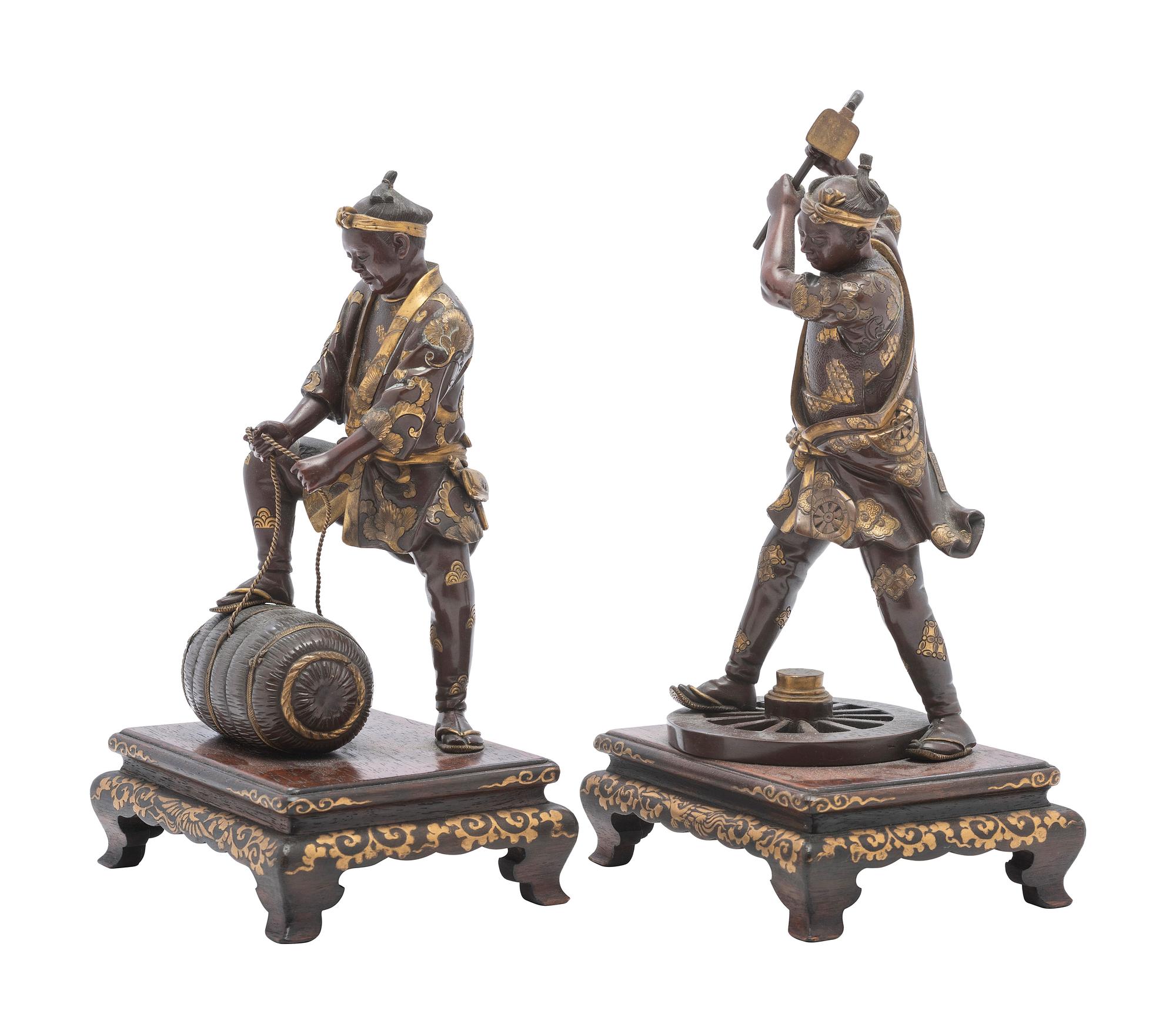 A Pair of Japanese Miyao Style Bronze Figures of Laborers