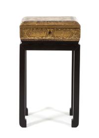 A Chinoiserie Brown and Gilt Lacquered Sewing Box on Stand Height overall 22 x width 12 x depth 10 inches. — 20TH CENTURY
