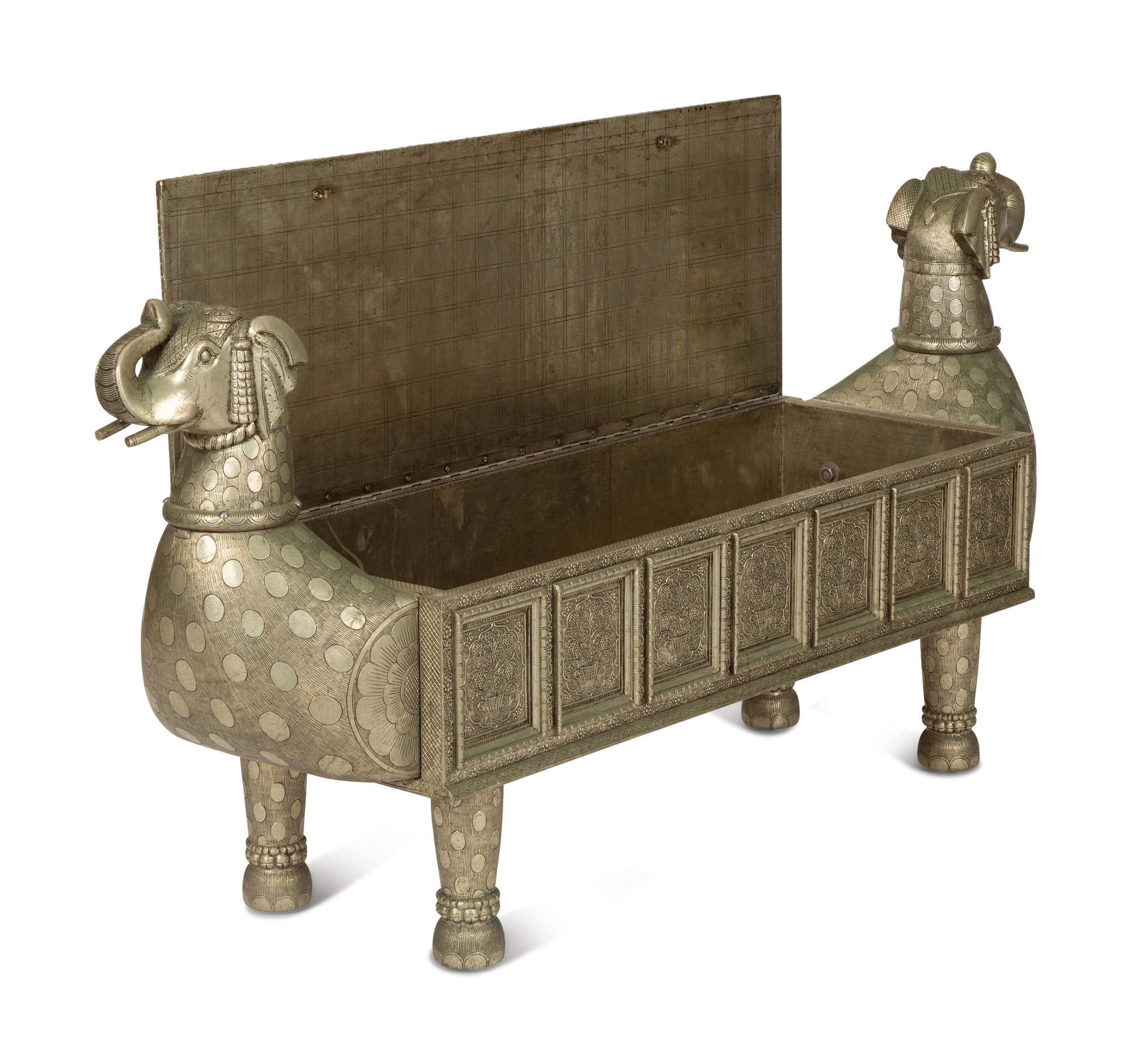 A South-East Asian Pressed Metal Bench with Elephant Form Ends — 20th Century