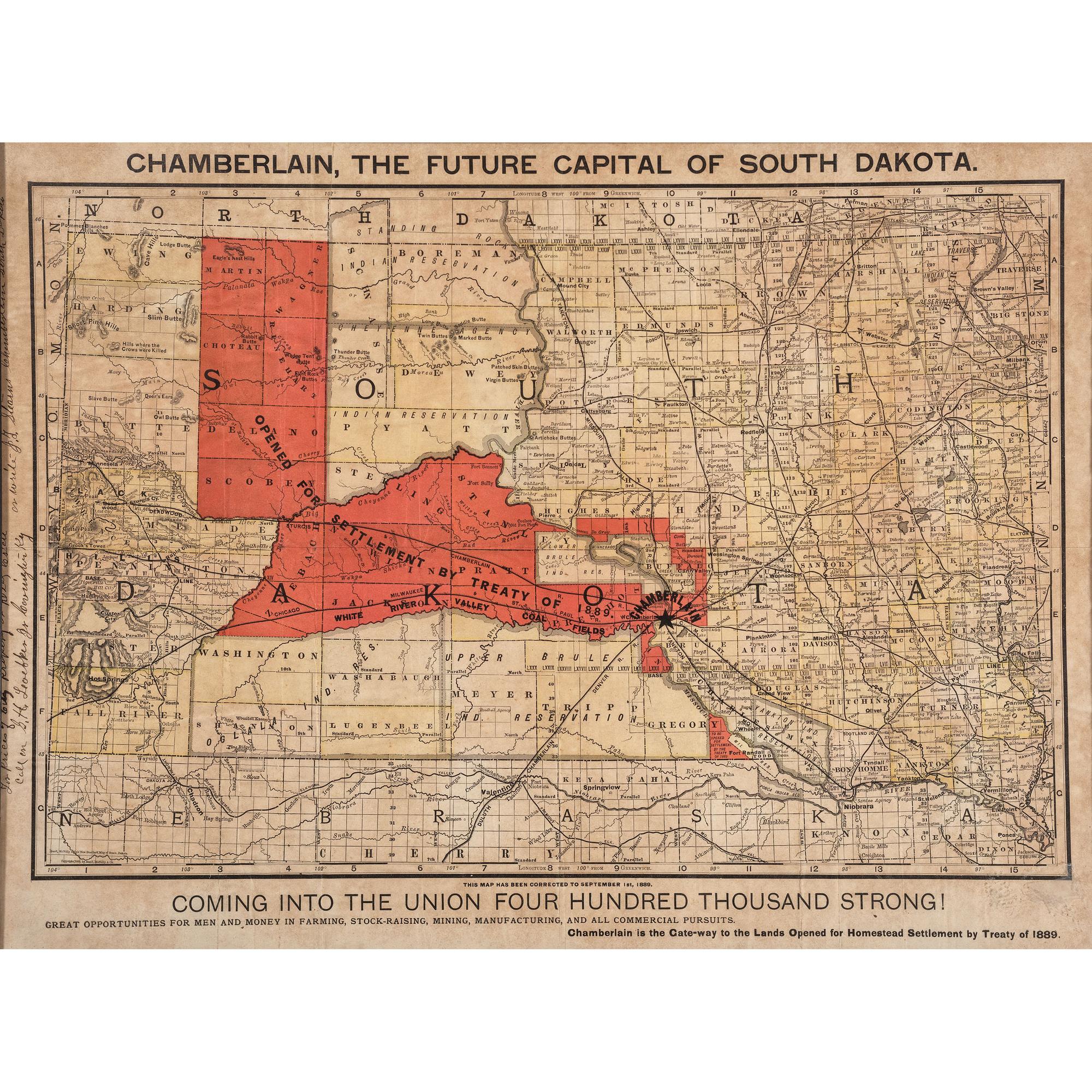 [MAPS & ATLASES - WESTERN EXPANSION]. Chamberlain, The Future Capital of South Dakota. Coming into the Union Four Hundred Thousand Strong. N.p.: N.p., 1889.