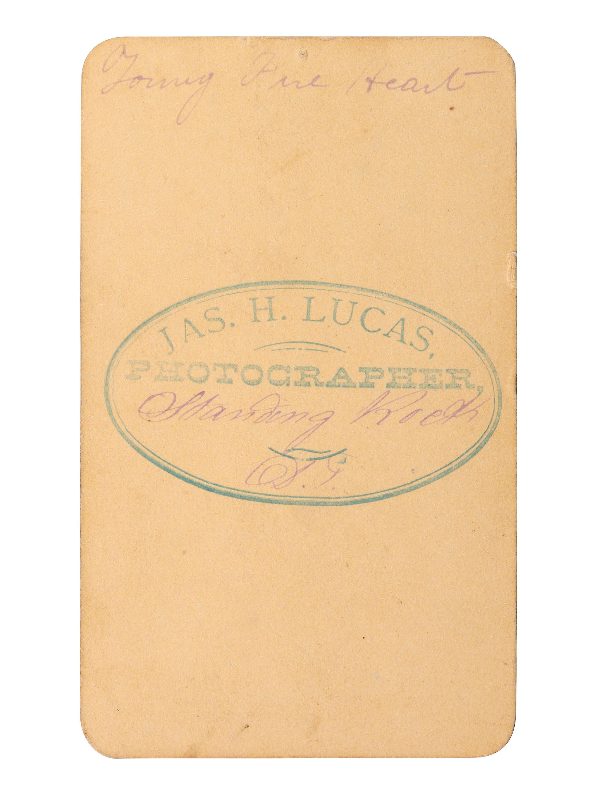 [NATIVE AMERICANS]. LUCAS, James H., photographer. CDV of "Young Fire Heart." Standing Rock, Dakota Territory, n.d.